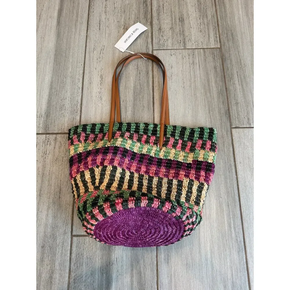 NEW Veronica Beard Raffia Anchor Basket Tote Striped Handbag